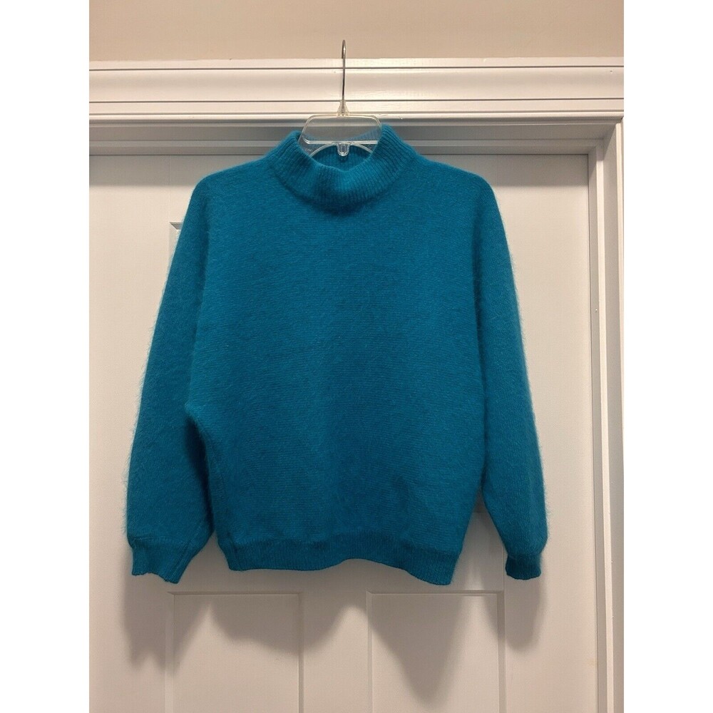 Vintage Women's Medium Teal Blue Angora Wool Blend Mock Neck Sweater Cozy Whimsy